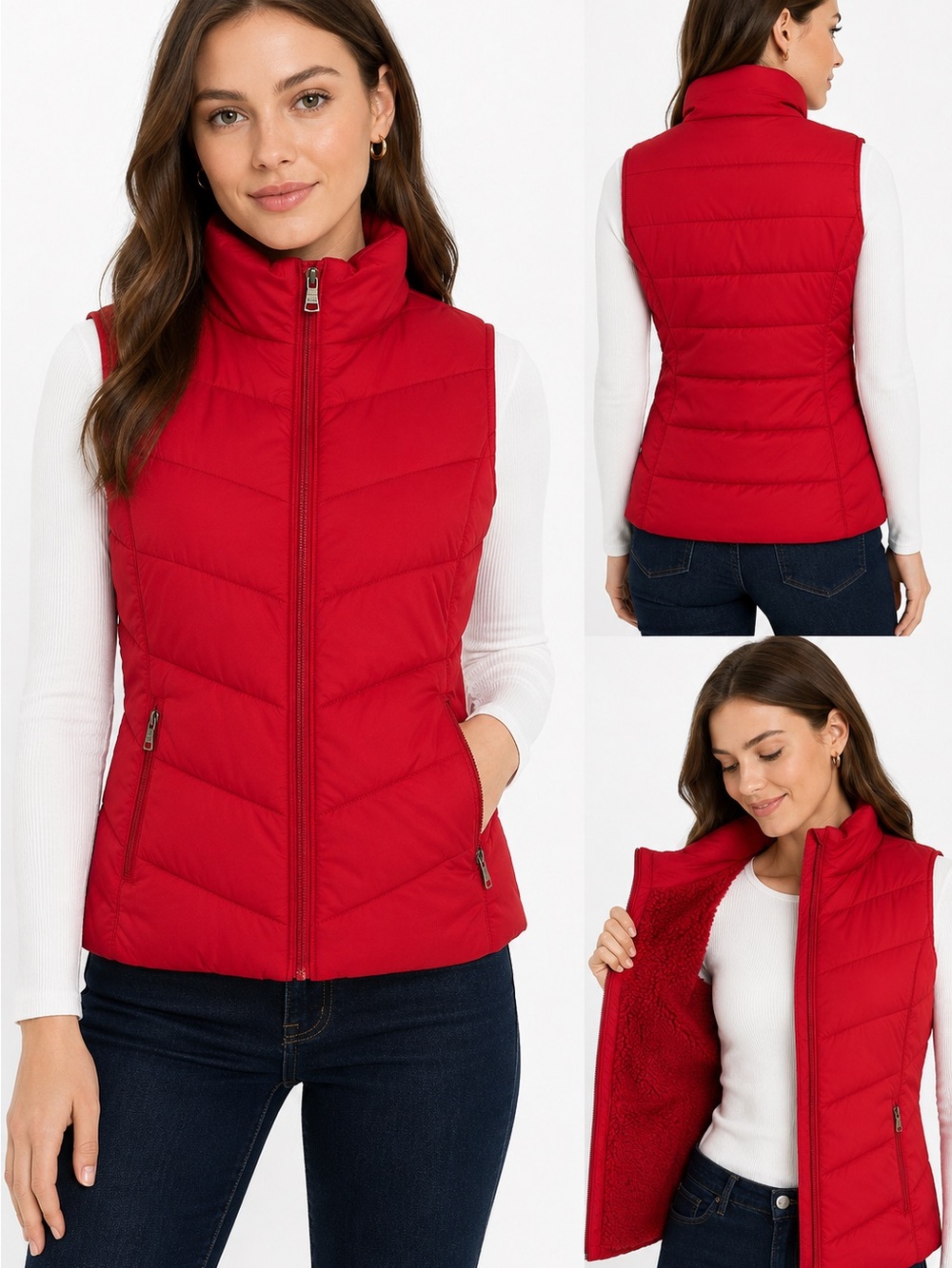 Banana Republic Red Quilted Puffer Vest Sherpa Lined Zip Pockets XS